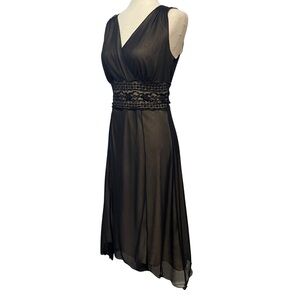Max Edition Y2K Vintage Midi Dress Black Sheer Overlay V Neck Faux Wrap Womens S